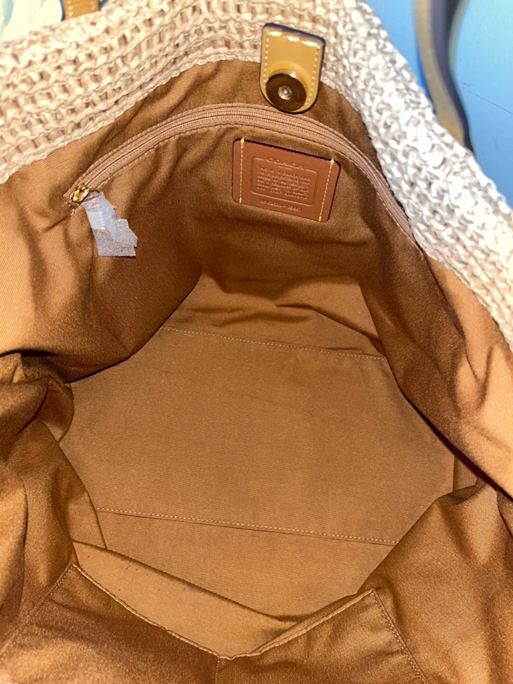 Coach Tan Straw Tote with Leather Trim and Logo - Picture 8 of 8